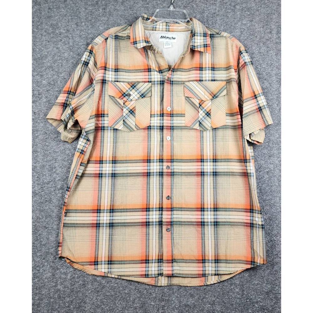 Ablanche Plaid Button Down‎ Shirt Mens 2XL Orange Tan Blue Streetwear